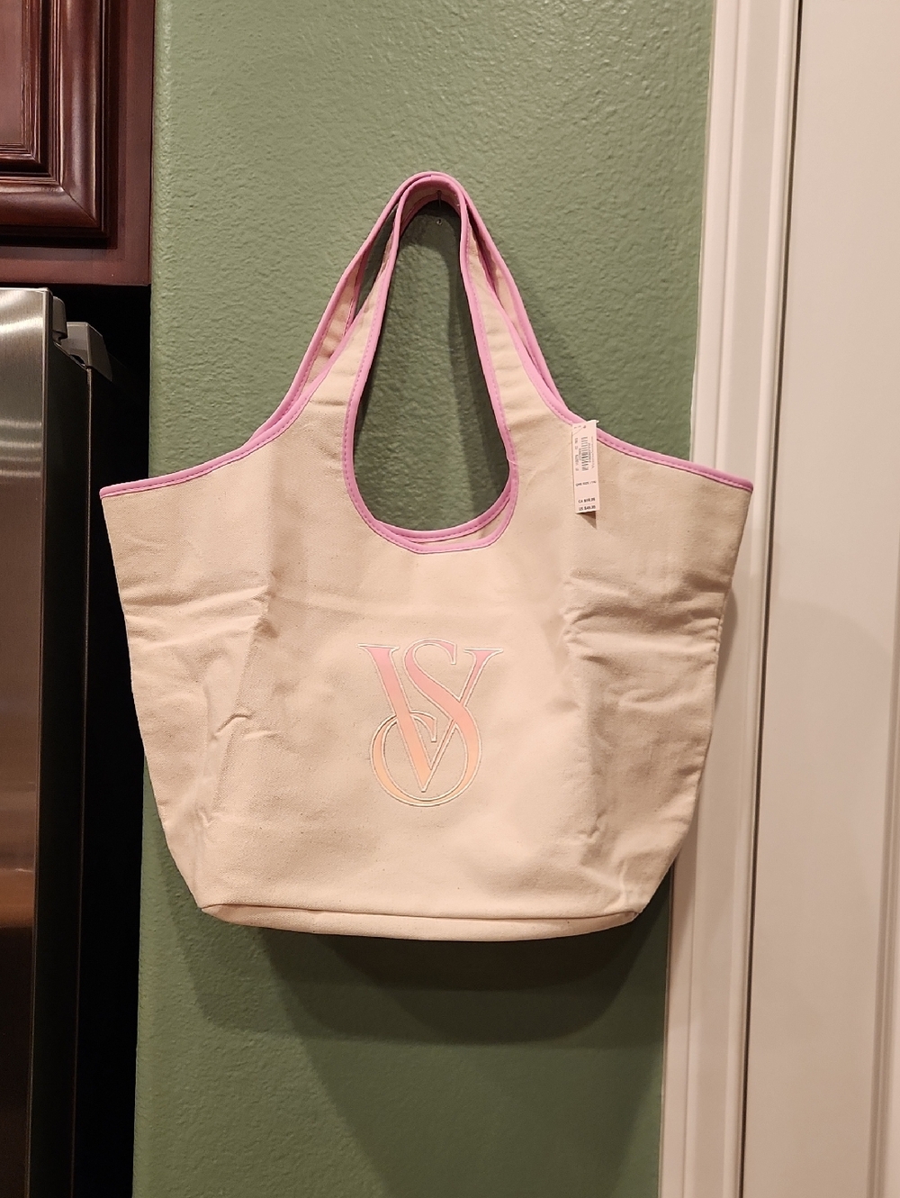 Victoria's Secret Cream Canvas Tote with Pink Trim and Logo